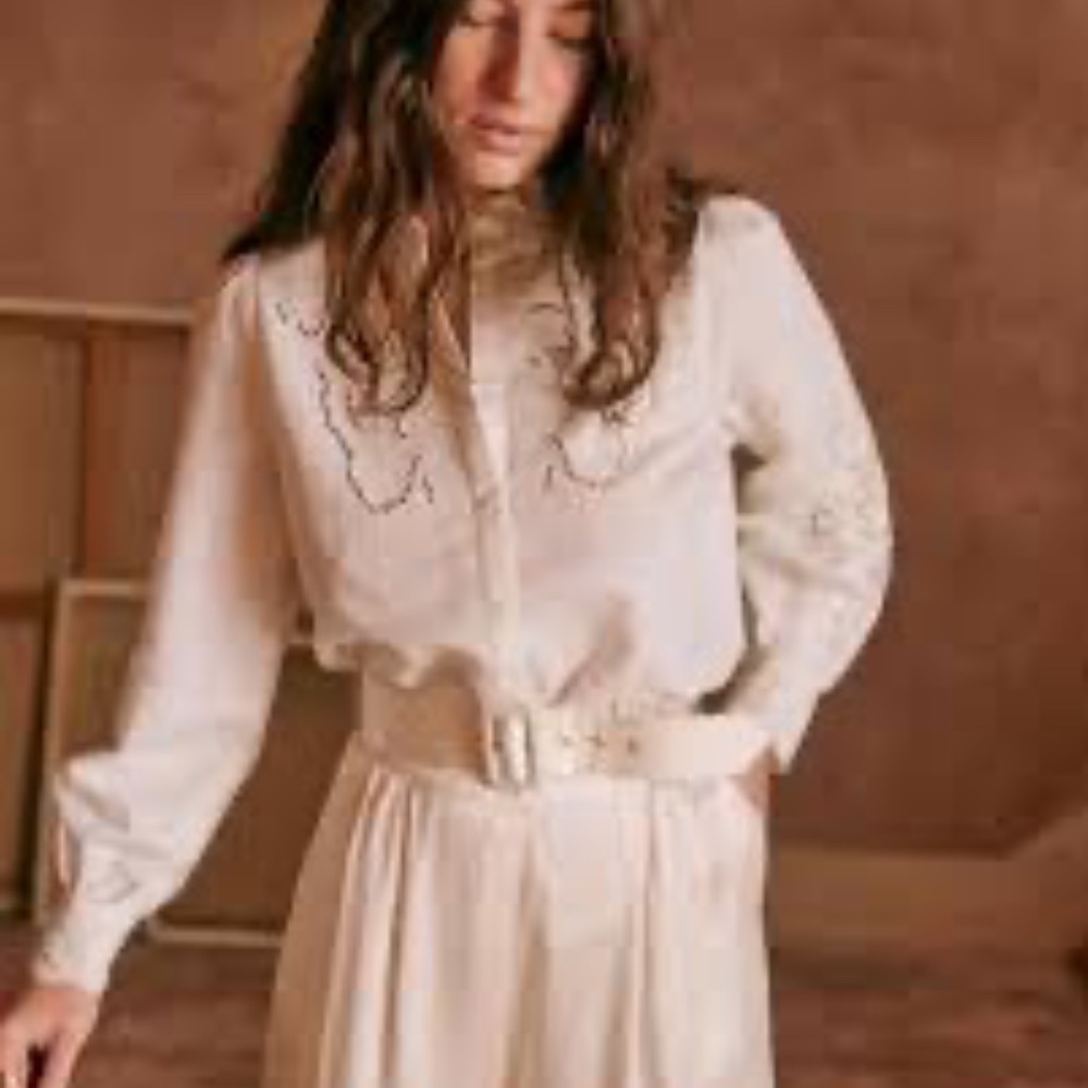 Sezane Lilia Embroidered Button Down Cottonb/Linen High Collar Shirt Ecru Sz 42‎